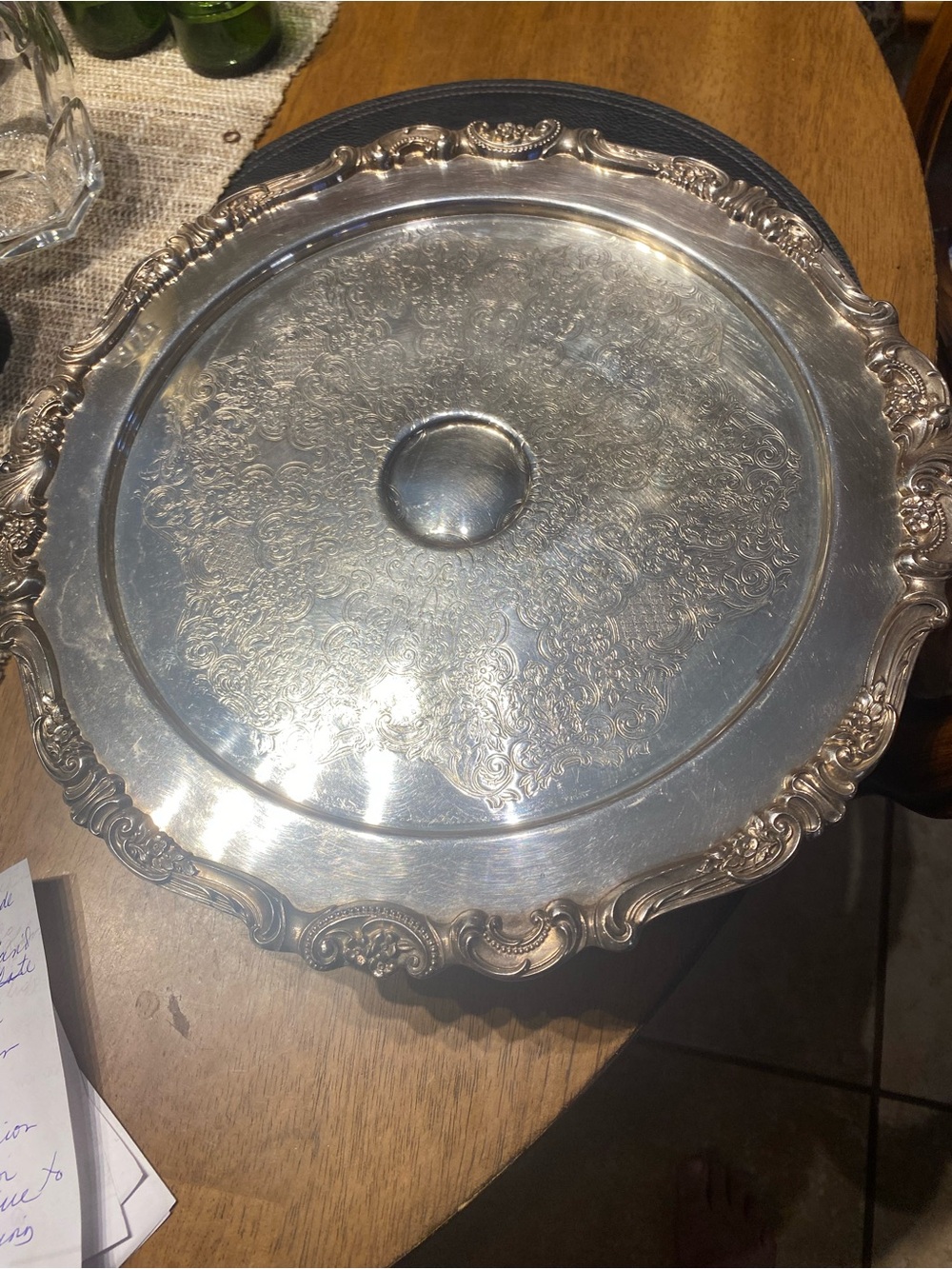 Vintage ornate silver plated cake stand lazy susan. 13 3/4 “Diameter. Good cond